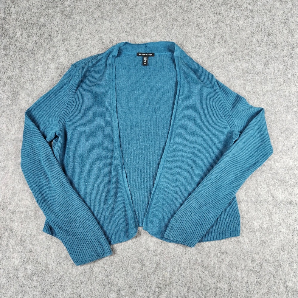 Eileen Fisher Open Cardigan Women XS Blue Organic Linen Cotton Ribbed Minimalist